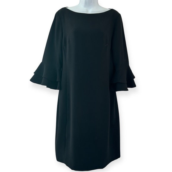 LAUREN RALPH LAUREN Flutter Bell Sleeve Black Sheath Dress Size 10 Knee Length - Picture 1 of 10